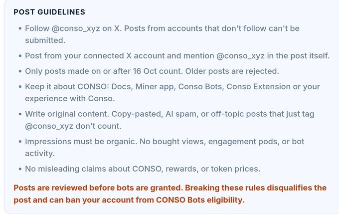 Post guidelines for the @conso_xyz X account detailing requirements such as following the account, posting original content on or after October 16, and avoiding bot activity.