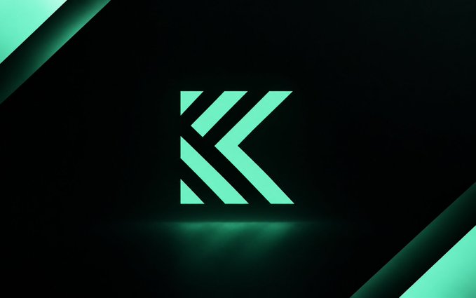 A stylized 'K' logo in mint green against a dark background with matching accent stripes in the corners.