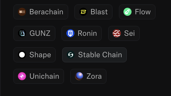 The image displays a grid of 11 blockchain network logos and names: Berachain, Blast, Flow, GUNZ, Ronin, Sei, Shape, Stable Chain, Unichain, and Zora. It relates to the post by showing OpenSea's supported blockchains, with "Stable Chain" highlighted among them to emphasize the newly added network mentioned in the announcement.