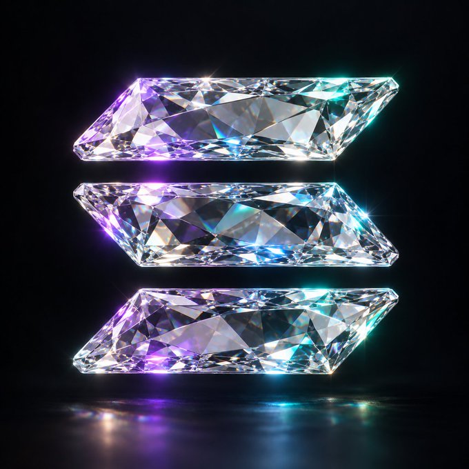 Three elongated, crystalline diamond-like prisms glow with iridescent purple, blue, and teal reflections against a black background.