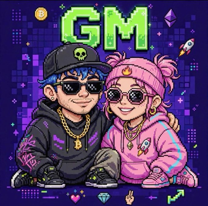 A vibrant pixel-art style illustration of a couple wearing sunglasses and streetwear, with 'GM' in large green letters above them, surrounded by crypto icons like Bitcoin and Ethereum.
