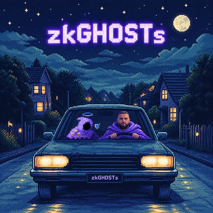 A pixel-art banner for "zkGHOSTs" showing a bearded man driving a car with a purple ghost in the passenger seat through a dark suburban neighborhood at night.