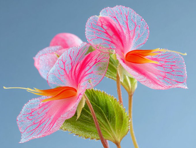 A close-up macro photograph of delicate pink flowers with orange-tipped petals covered in water droplets, set against a soft blue background.