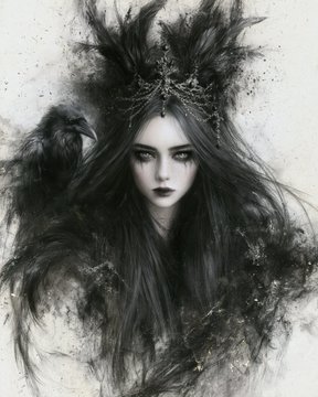 A monochromatic fantasy illustration of a pale woman with flowing dark hair wearing a feathered, gothic-style headdress and dark makeup.