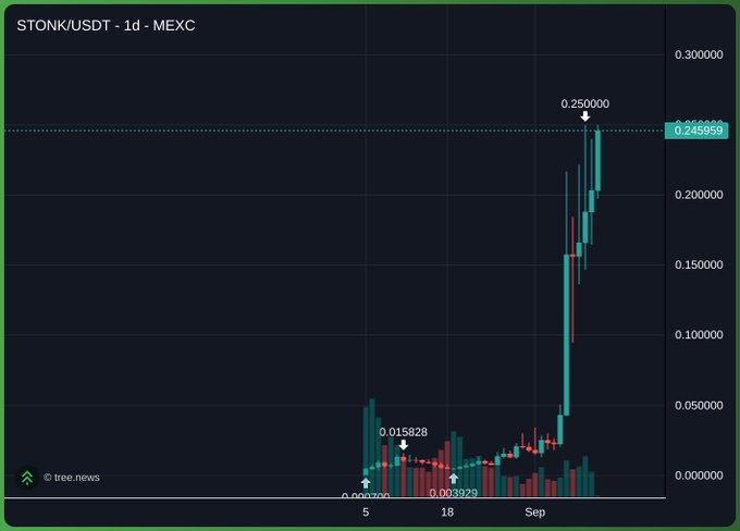 A 1-day candlestick chart of STONK/USDT on MEXC shows a dramatic vertical spike from around $0.015 to a peak of $0.250000 on the right side, visually justifying the post's surprised reaction to $STONK's unexpected pump.