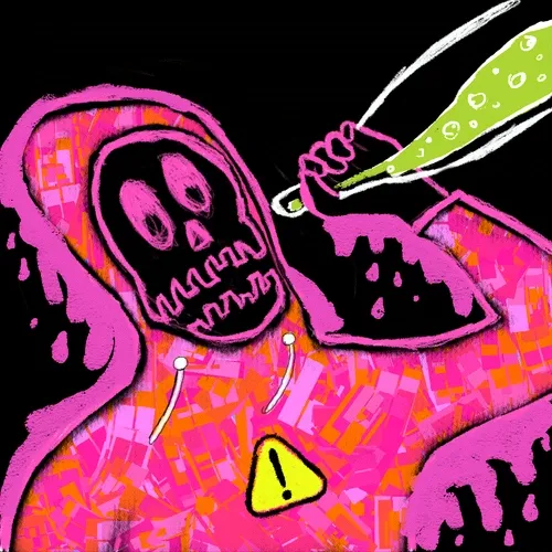 A vibrant pink and black digital illustration depicts a hooded grim reaper-like character in a patterned hoodie, holding a bubbling green potion or vial, with a yellow warning triangle on its chest.