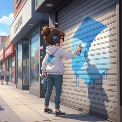 A cartoon-style illustration depicts a person wearing headphones spray-painting a blue graffiti heart onto a metal storefront shutter on a city sidewalk, with other storefronts visible in the background.