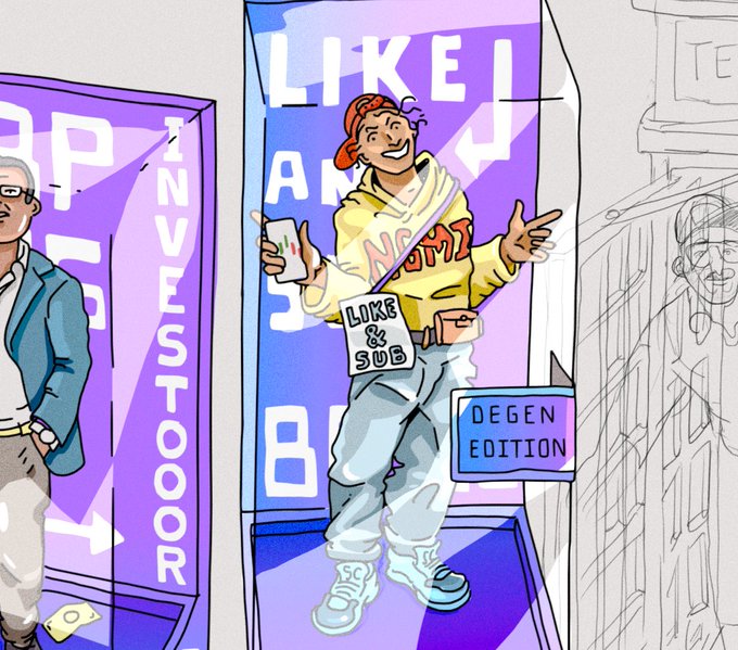 A colorful digital illustration in a sketchy style showing a character in a yellow hoodie and red cap with a 'LIKE & SUB' sign, surrounded by text like 'INVESTOR', 'LIKE', 'DEGEN EDITION'.