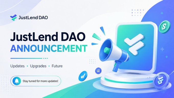 A promotional banner from JustLend DAO announces updates and upgrades, featuring a megaphone icon alongside floating coin symbols and the "JustLend DAO" logo, with a call to "Stay tuned for more updates!"

This image serves as an announcement graphic for JustLend DAO, aligning with the post's message about USDD's stablecoin integration with DeFi—JustLend DAO being the DeFi lending platform where USDD holders can participate in open, transparent finance.