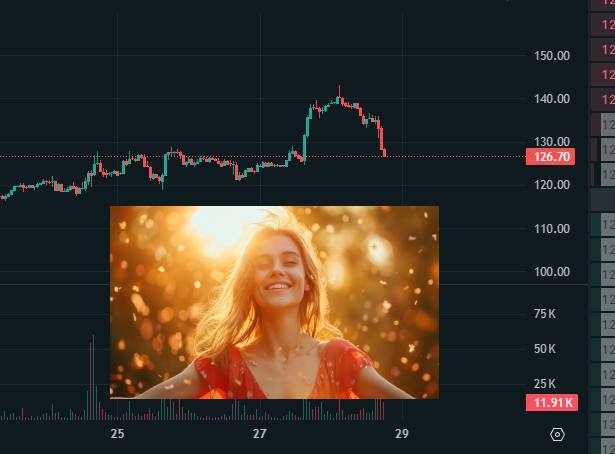 A stock chart displaying values around 126.70 is overlaid with an image of a smiling woman with closed eyes wearing a red dress in golden sunlight.