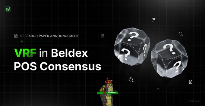 A promotional graphic for Beldex.io announcing a research paper on 'VRF in Beldex POS Consensus' featuring transparent dice illustrations.