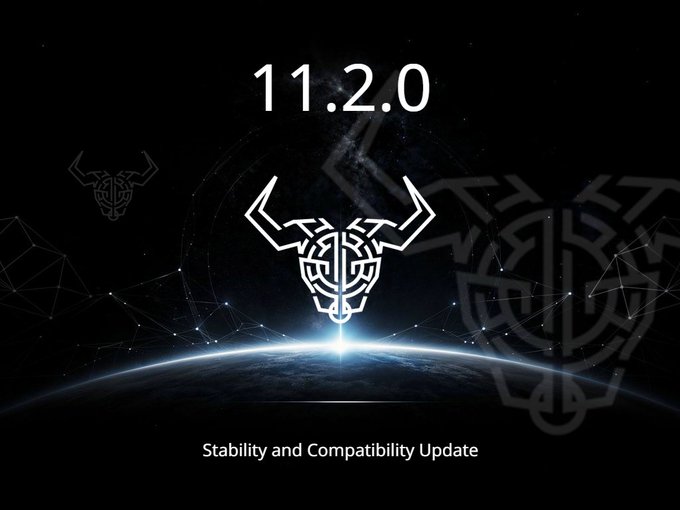 Promotional banner for Daedalus 11.2.0, displaying the version number "11.2.0" above the Daedalus bull logo against a dark space background with Earth and geometric patterns, with the tagline "Stability and Compatibility Update" at the bottom—visually representing the announced release that addresses Linux startup crashes, SMB path resolution errors, and Mithril sync improvements.