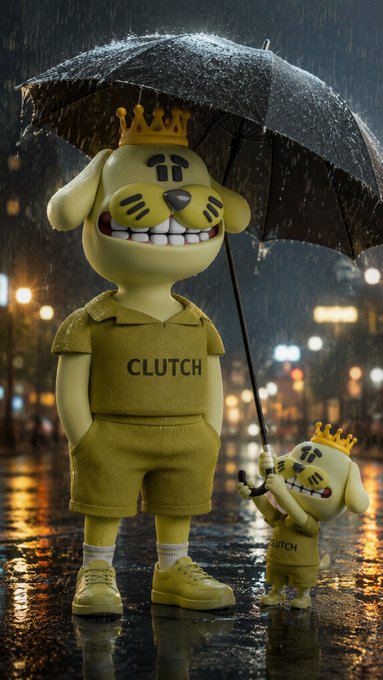 A 3D rendered yellow cartoon dog character wearing a 'CLUTCH' t-shirt and a crown stands in the rain under an umbrella, accompanied by a smaller version of itself holding the umbrella.