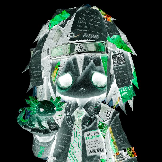 A glitchy, digital art character with glowing eyes surrounded by floating error messages including 'FAILED RPC', 'ERR_32000', 'BADFEED', and 'GAS' on a black background.