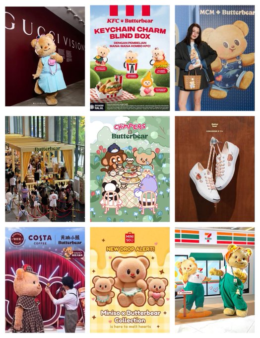 A collage showcases various Butterbear merchandise and brand collaborations, including Gucci Vision, KFC, MCM, Costa Coffee, and Miniso, featuring the mascot bear in different outfits.