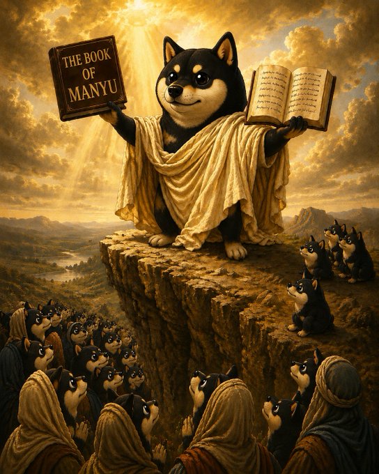 A classical-style painting depicts a black and white Shiba Inu dog dressed in golden robes, standing on a cliff holding 'THE BOOK OF MANYU' in one paw and an open book in the other, while a crowd of smaller Shiba Inu followers looks up from below.