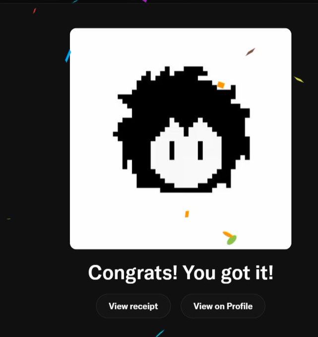 A digital screen displays a pixel-art avatar with the text 'Congrats! You got it!' alongside buttons for 'View receipt' and 'View on Profile'.