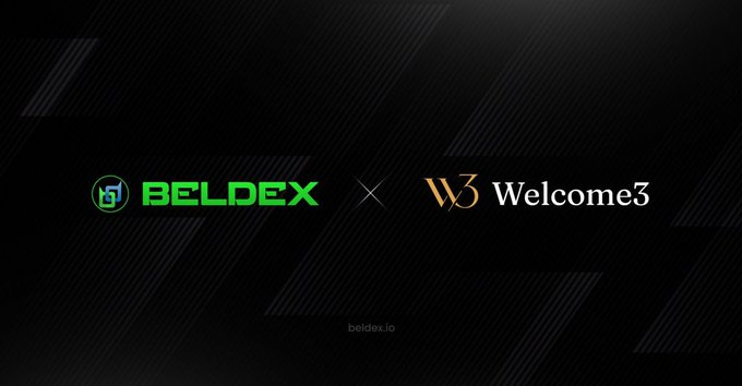 A dark partnership announcement banner featuring the logos of "BELDEX" (beldex.io) and "Welcome3" displayed side by side with an "x" between them.
