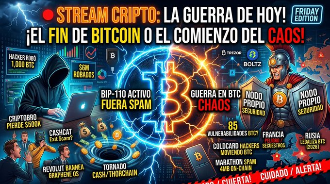 A vibrant, chaotic thumbnail for a crypto stream titled "STREAM CRIPTO: LA GUERRA DE HOY! ¡EL FIN DE BITCOIN O EL COMIENZO DEL CAOS!" highlights critical Bitcoin vulnerabilities including BIP-110, Lightning Network centralization, a BTCPay Server flaw, a $370K MEV bot hack, and Putin's legalization of BTC and ETH, with dramatic visuals of hooded hackers, a Roman soldier symbolizing security, and split Bitcoin imagery representing the "chaos war" in BTC.