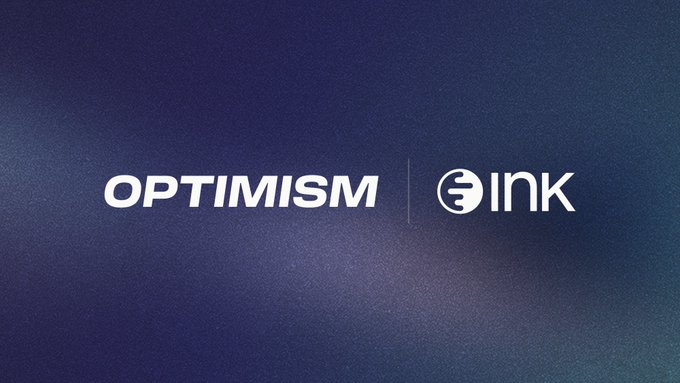 The image displays the Optimism and Ink logos side by side on a dark blue background, visually representing the partnership described in the post where Ink handed over production infrastructure to Optimism, gaining institutional-grade uptime for handling withdrawals and stablecoin flows.