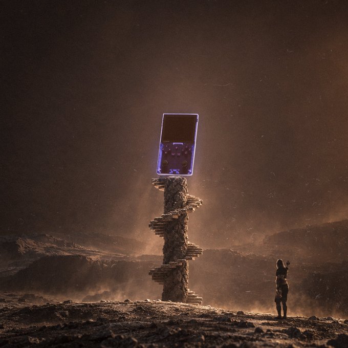 A solitary figure stands in a barren, misty landscape, gazing up at a glowing purple Game Boy floating above a crumbling stone pillar.