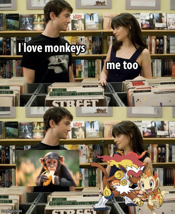 The image shows a two-panel meme from the show "New Girl" where a couple exchanges "I love monkeys" and "me too," with a real monkey eating a banana in the second panel and the Pokémon Chimchar added on the woman's side to humorously reinterpret the exchange as a Pokémon conversation, tying into the post's reference to Pokémon ENS (Ethereum Name Service) being hyped toward 1 ETH.