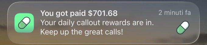 A smartphone notification reads 'You got paid $701.68. Your daily callout rewards are in. Keep up the great calls!' with a green pill icon.