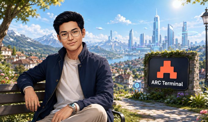 A young man sits on a park bench with an "ARC Terminal" sign visible behind him, set against a backdrop of a futuristic city skyline and mountains. The image illustrates the post's point about the less exciting but critical importance of ARC Terminal's SOC 2 Type II security audits compared to flashier features.