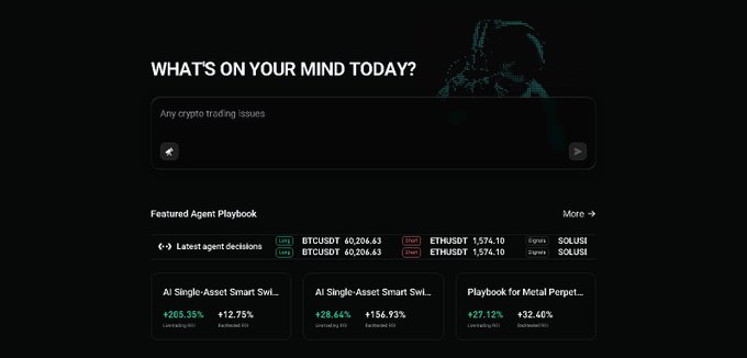 The image shows a dark-themed dashboard for "Bitget GetAgent" featuring a "WHAT'S ON YOUR MIND TODAY?" input field with "Any crypto trading issues" as a placeholder, alongside a "Featured Agent Playbook" section displaying latest trading decisions for BTCUSDT and ETHUSDT pairs, plus three AI Playbook options showing strong returns (e.g., +265.35%, +28.64%, +27.12%). This visually supports the post's point that GetAgent offers customizable AI Playbooks for different trading strategies rather than being just a basic chatbot.
