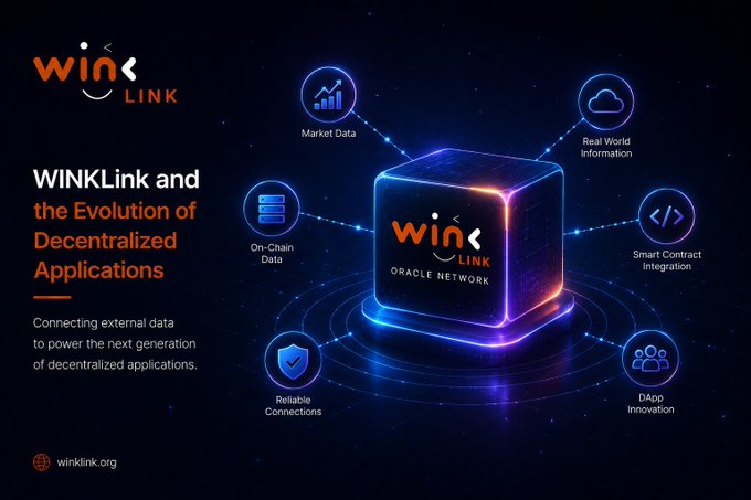 A promotional graphic for WINKLink featuring its logo in the top left and a glowing 3D cube labeled "WINK ORACLE NETWORK" at the center, surrounded by six interconnected icons representing Market Data, Real World Information, Smart Contract Integration, DApp Innovation, Reliable Connections, and On-Chain Data. The headline reads "WINKLink and the Evolution of Decentralized Applications," with the tagline "Connecting external data to power the next generation of decentralized applications" and the website winklink.org.