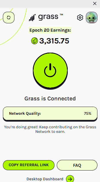 The image shows a screenshot of a computer screen displaying information about an app called "GRASS". It appears that someone has referred to this app, as indicated by its presence on the screen. Additionally, there is a link to the Facebook dashboard on the bottom left corner. The main content of the image seems to be about Epochs and how they are related to the app "GRASS", possibly discussing a new native dashboard wallet or upcoming H1 EOF.