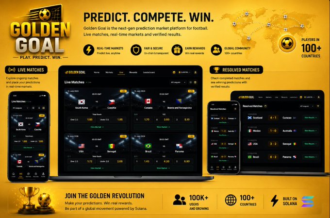 The image features a poster for a new app called "Golden Goal" that allows users to play soccer games online with friends or other players from around the world, as well as access live streaming of matches and real-time updates about the game's progress. The app also offers various features such as token locking, live stake, and rewards, which can be used for a more engaging gaming experience. The poster includes a map that shows where the app is available, with the text "Golden Goal" displayed in black letters at the top of the image.
