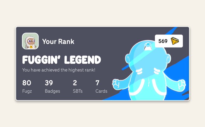 A digital achievement card displaying 'Your Rank: FUGGIN' LEGEND' with the message 'You have achieved the highest rank!', showing stats of 80 Fugz, 39 Badges, 2 SBTs, and 7 Cards alongside a blue cartoon character.