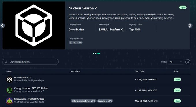 A screenshot of the Nucleus platform displaying "Nucleus Season 2," an InfoFi campaign with a $400.7k prize pool from SAURA and Top 5000 eligibility criteria, alongside two active airdrop opportunities: Canopy Network's $100K airdrop (Jun 16, 2026) and Sleepagotchi's $120K airdrop (May 18, 2026). The image visually supports the post's recommendation to join Nucleus Season 2 along with the Canopy Network and Sleepagotchi airdrop campaigns for InfoFi participants.