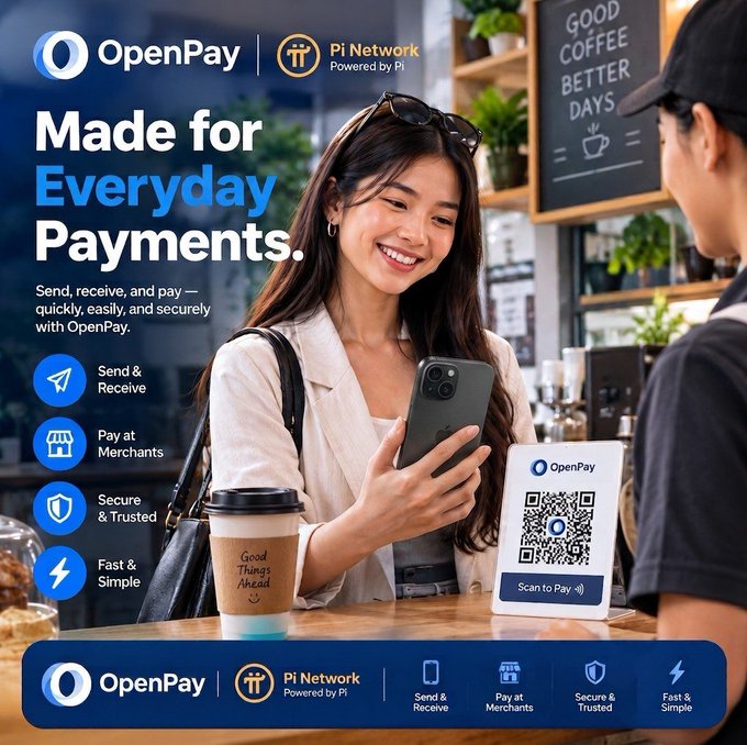 An advertisement for 'OpenPay' powered by Pi Network, featuring a smiling woman holding a phone at a coffee shop counter with a 'Scan to Pay' QR code.