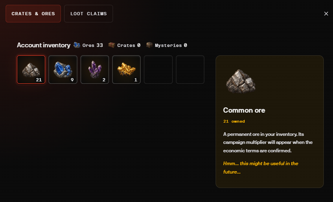 A screenshot of a game's inventory menu titled 'CRATES & ORES', showing an account inventory with 33 ores and 0 crates, and highlighting a 'Common ore' (21 owned) described as 'A permanent ore in your inventory.'