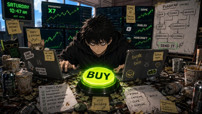 An anime-style illustration depicts a tired person at a desk with multiple laptop screens displaying stock charts, a glowing green 'BUY' button, and sticky notes with tasks like 'SHIP FASTER' and 'ENGAGEMENT X7'.
