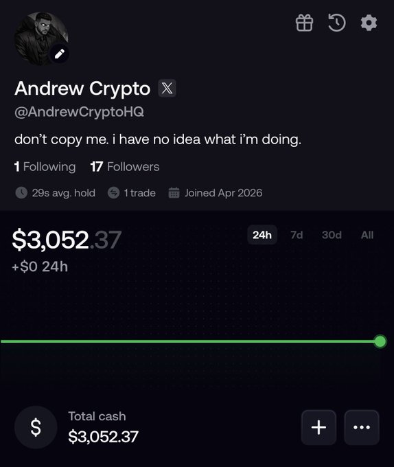 Andrew Crypto's Fomo app profile shows a portfolio balance of $3,052.37 with 1 trade and 17 followers, supporting the post's announcement of starting a $3K-to-$300K challenge on the platform.