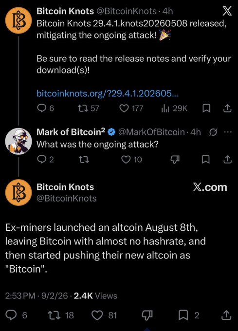 The image shows X posts where Bitcoin Knots (@BitcoinKnots) announces version 29.4.1, claiming to "mitigate the ongoing attack," while a reply thread explains that "ex-miners launched an altcoin August 8th, leaving Bitcoin with almost no hashrate, and then started pushing their new altcoin as 'Bitcoin.'" The accompanying post's quip about "mental illness" sarcastically captures the absurd premise of Bitcoin Knots framing a new legitimate altcoin launch as a hostile "attack" requiring defensive software patches.
