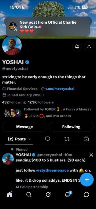 X (Twitter) profile page for YOSHAI (@meetyoshai) showing 17.3K followers with the bio 'striving to be early enough to the things that matter,' featuring a pinned post about sending $100 to 5 hustlers ($20 each).