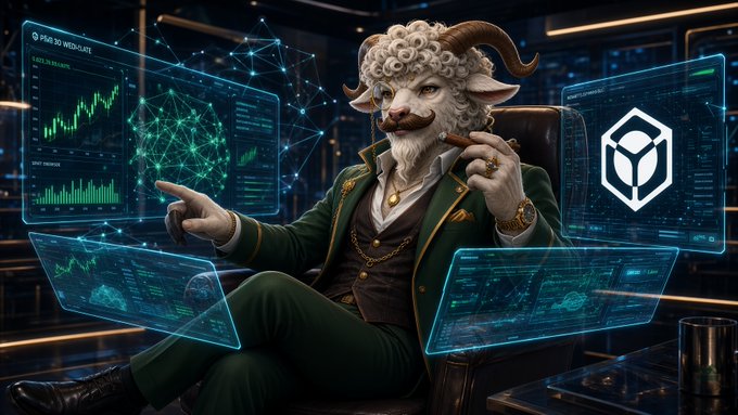 AI-generated fantasy trader with a ram’s head and curled mustache sits in a high-tech office surrounded by green trading charts, holographic displays, and a crypto logo.