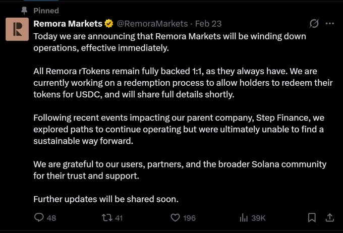 A pinned tweet from Remora Markets (@RemoraMarkets) dated Feb 23 announcing that they are winding down operations effective immediately, stating all Remora rTokens remain fully backed 1:1 and referencing recent events impacting their parent company, Step Finance.