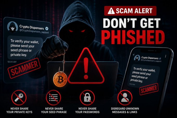 A 'SCAM ALERT - DON'T GET PHISHED' warning graphic showing a hooded figure holding a Bitcoin, with fake 'Crypto Dispensers' messages asking for seed phrases and private keys, advising to never share private keys, seed phrases, or passwords.