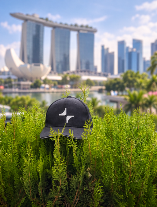A black baseball cap with a stylized logo sits on green foliage with the Marina Bay Sands hotel and Singapore skyline visible in the blurred background.
