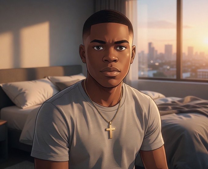 An animated/cartoon style illustration of a young Black man wearing a grey t-shirt and a gold cross necklace, sitting in a bedroom with a city skyline visible through the window behind him.