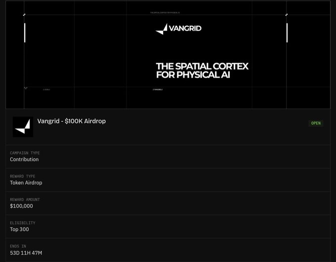 A promotional graphic for 'VANGRID - $100K Airdrop' described as 'THE SPATIAL CORTEX FOR PHYSICAL AI,' showing details like Token Airdrop reward and a countdown timer.