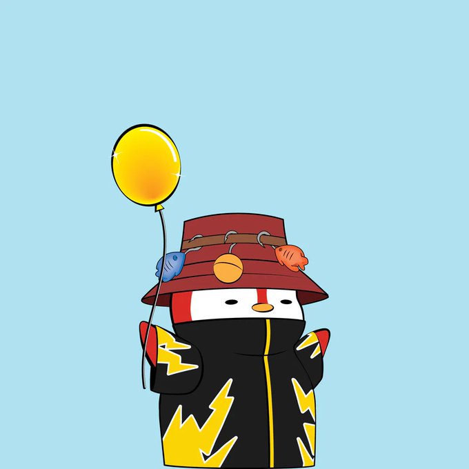 A cartoon illustration of a character wearing a red bucket hat decorated with fish hooks and fish, dressed in a black jacket with yellow lightning patterns, holding a yellow balloon.