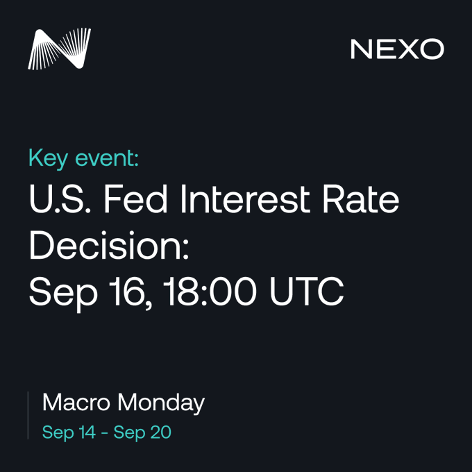 A Nexo-branded "Macro Monday" graphic (Sep 14–Sep 20) flags the U.S. Fed Interest Rate Decision on Sep 16, 18:00 UTC as the key event, tying into the post's preview of a busy central bank week featuring Fed, BoE, and BoJ policy decisions alongside key inflation and U.S. growth data.