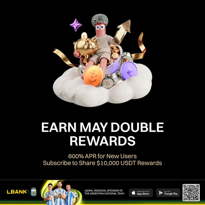 The image features a poster for an event that allows users to earn double rewards by subscribing to a new user's account, which can be shared with others through a mobile app. The poster includes a cartoon character holding a gold coin and a golden trophy, symbolizing the reward system. The text on the poster encourages users to "earn May Double Rewards" and highlights that this offer is now live for new users who have signed up for the event.