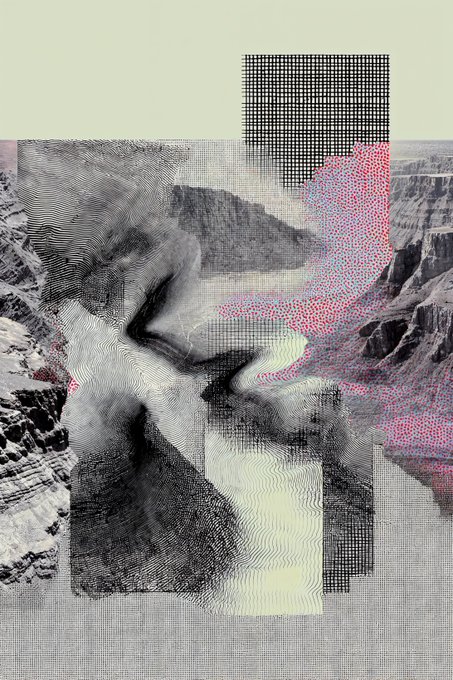 An abstract mixed-media composition featuring glitch art, pixelated grids, and topographical-style line patterns overlaid on photographic textures, with accents of pink dot patterns against a pale green background.